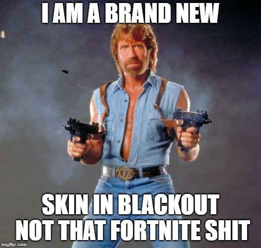 Chuck Norris Guns Meme | I AM A BRAND NEW; SKIN IN BLACKOUT NOT THAT FORTNITE SHIT | image tagged in memes,chuck norris guns,chuck norris | made w/ Imgflip meme maker