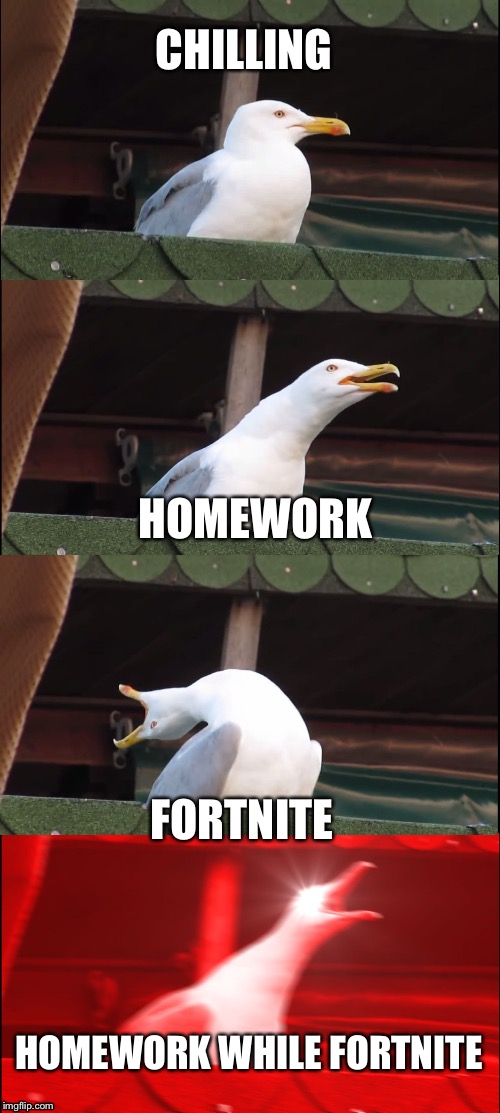 ...vs...vs...vs..vs | CHILLING; HOMEWORK; FORTNITE; HOMEWORK WHILE FORTNITE | image tagged in memes,inhaling seagull | made w/ Imgflip meme maker