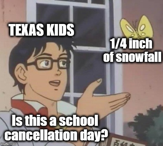 I remember when I lived in southern Tennessee, school would be cancelled for a thin coating | TEXAS KIDS; 1/4 inch of snowfall; Is this a school cancellation day? | image tagged in memes,is this a pigeon | made w/ Imgflip meme maker