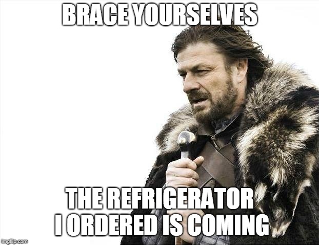 Brace Yourselves X is Coming Meme | BRACE YOURSELVES THE REFRIGERATOR I ORDERED IS COMING | image tagged in memes,brace yourselves x is coming | made w/ Imgflip meme maker
