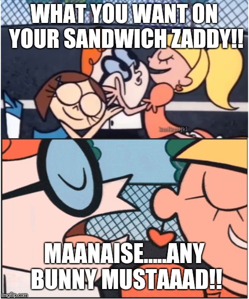 Dexters Lab | WHAT YOU WANT ON YOUR SANDWICH ZADDY!! MAANAISE.....ANY BUNNY MUSTAAAD!! | image tagged in dexters lab | made w/ Imgflip meme maker