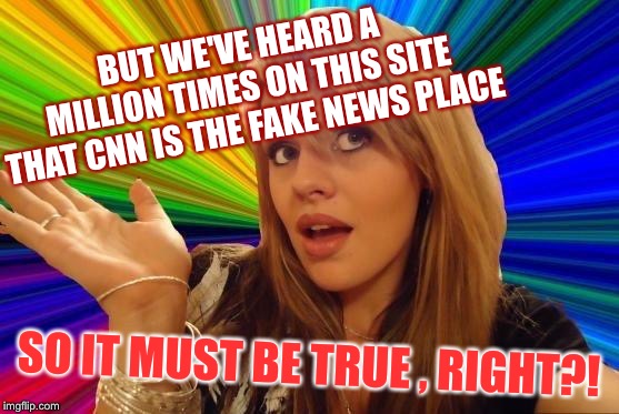 Dumb Blonde Meme | BUT WE'VE HEARD A MILLION TIMES ON THIS SITE THAT CNN IS THE FAKE NEWS PLACE SO IT MUST BE TRUE , RIGHT?! | image tagged in memes,dumb blonde | made w/ Imgflip meme maker