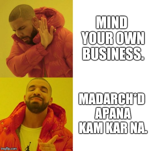 Drake Blank | MIND YOUR OWN BUSINESS. MADARCH*D APANA KAM KAR NA. | image tagged in drake blank | made w/ Imgflip meme maker