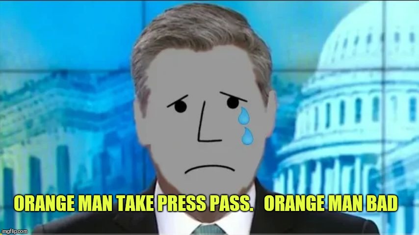NPC Acosta | ORANGE MAN TAKE PRESS PASS.   ORANGE MAN BAD | image tagged in npc acosta | made w/ Imgflip meme maker