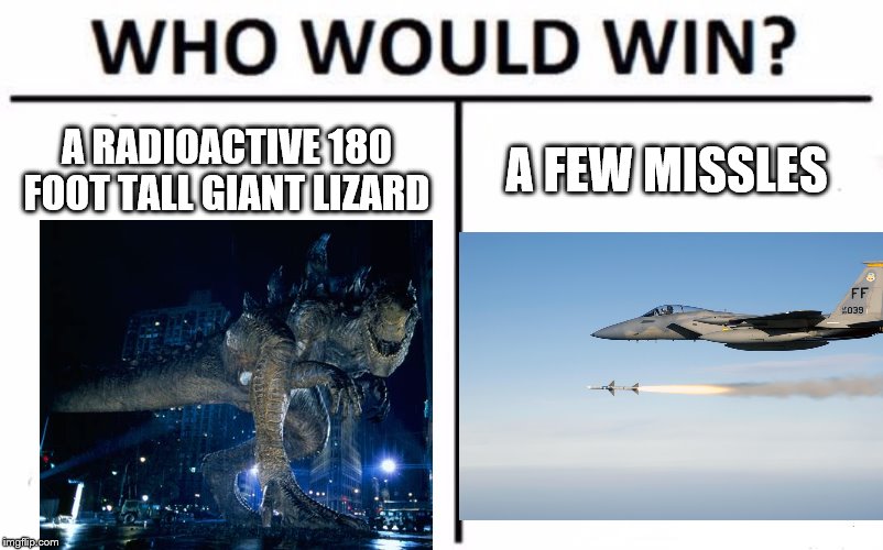 A RADIOACTIVE 180 FOOT TALL GIANT LIZARD; A FEW MISSLES | made w/ Imgflip meme maker