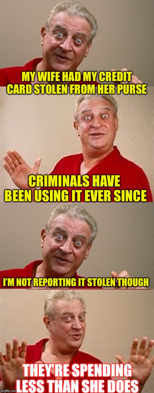 Don’t treat your money like a Lehman ..... bros ! | MY WIFE HAD MY CREDIT CARD STOLEN FROM HER PURSE; CRIMINALS HAVE BEEN USING IT EVER SINCE; I’M NOT REPORTING IT STOLEN THOUGH; THEY’RE SPENDING LESS THAN SHE DOES | image tagged in bad pun rodney dangerfield,wife spending | made w/ Imgflip meme maker