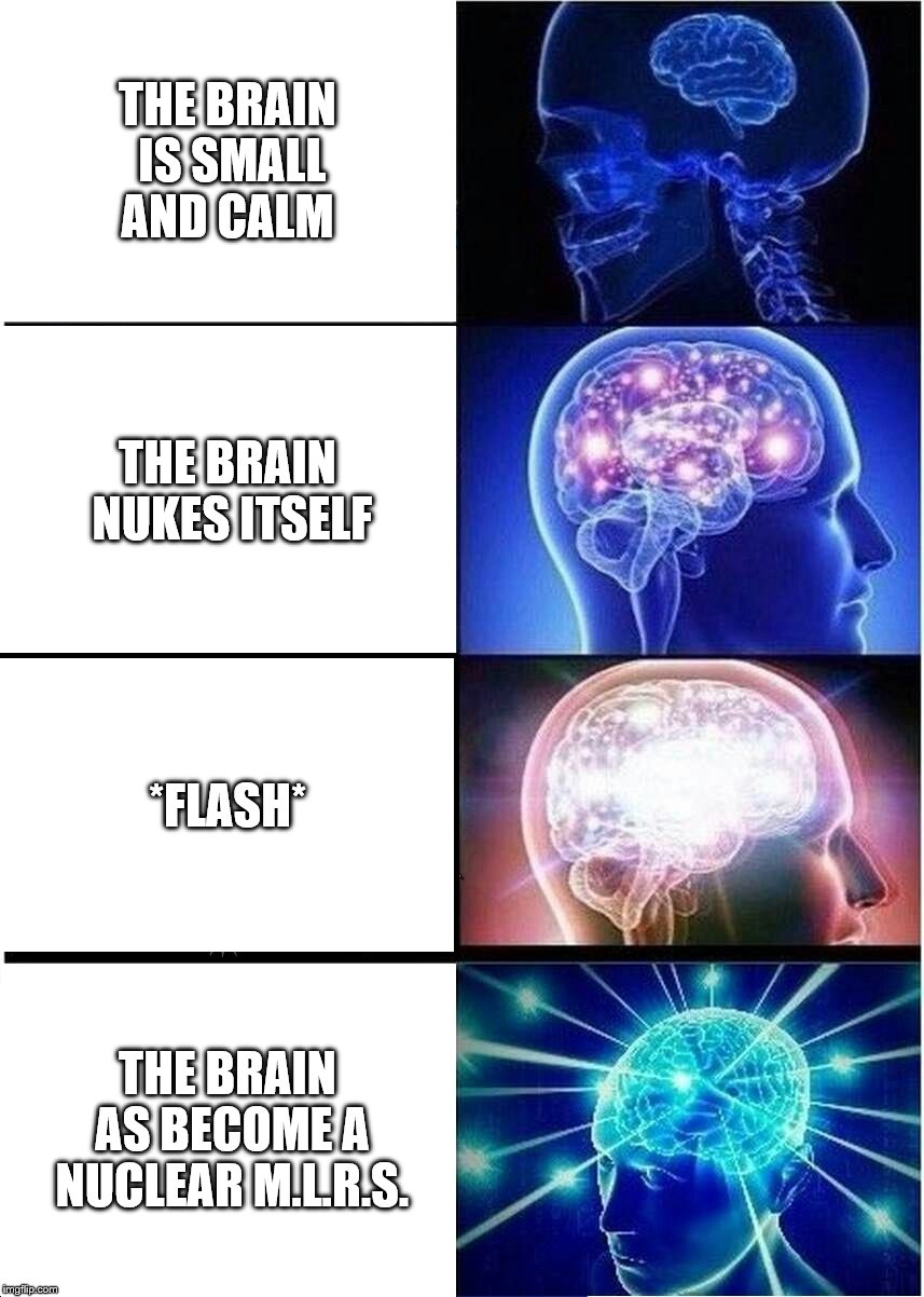 BRB (big red button) | THE BRAIN IS SMALL AND CALM; THE BRAIN NUKES ITSELF; *FLASH*; THE BRAIN AS BECOME A NUCLEAR M.L.R.S. | image tagged in memes,expanding brain | made w/ Imgflip meme maker