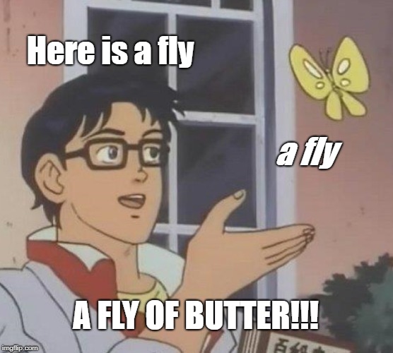 Is This A Pigeon | Here is a fly; a fly; A FLY OF BUTTER!!! | image tagged in memes,is this a pigeon | made w/ Imgflip meme maker