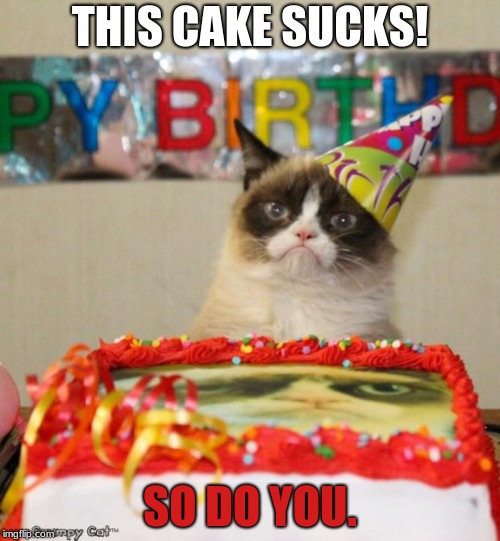 Grumpy Cat Birthday Meme | THIS CAKE SUCKS! SO DO YOU. | image tagged in memes,grumpy cat birthday,grumpy cat | made w/ Imgflip meme maker