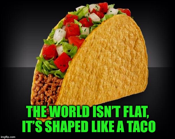 Always wondered if I could start a conspiracy theory  | THE WORLD ISN’T FLAT, IT’S SHAPED LIKE A TACO | image tagged in taco | made w/ Imgflip meme maker