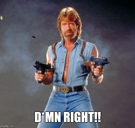 Chuck Norris Guns Meme | D*MN RIGHT!! | image tagged in memes,chuck norris guns,chuck norris | made w/ Imgflip meme maker