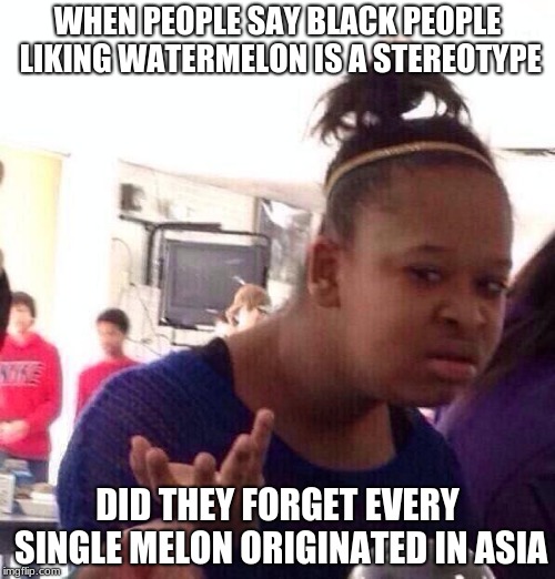 Late DJ's lesson also Im taking a break next week see ya in two weeks | WHEN PEOPLE SAY BLACK PEOPLE LIKING WATERMELON IS A STEREOTYPE; DID THEY FORGET EVERY SINGLE MELON ORIGINATED IN ASIA | image tagged in memes,black girl wat,dj's lessons,christmas vacation,melons,are you gullible | made w/ Imgflip meme maker
