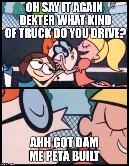 Say it Again, Dexter | OH SAY IT AGAIN DEXTER WHAT KIND OF TRUCK DO YOU DRIVE? AHH GOT DAM ME PETA BUILT | image tagged in say it again dexter | made w/ Imgflip meme maker