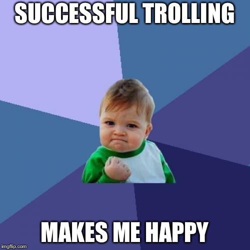 Troll | SUCCESSFUL TROLLING; MAKES ME HAPPY | image tagged in memes,success kid | made w/ Imgflip meme maker
