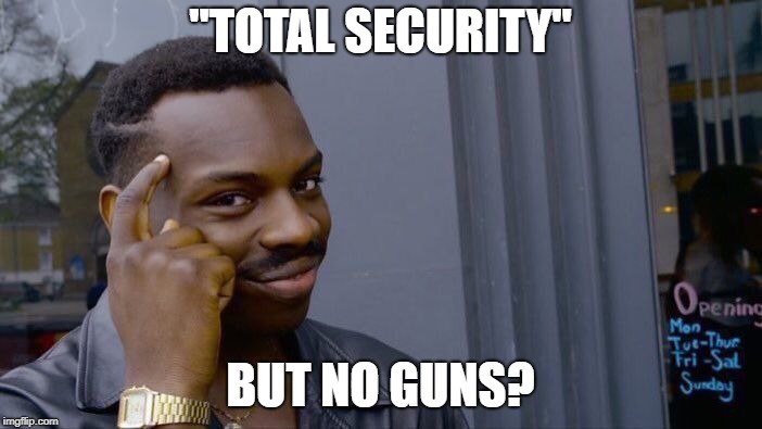 Roll Safe Think About It Meme | "TOTAL SECURITY" BUT NO GUNS? | image tagged in memes,roll safe think about it | made w/ Imgflip meme maker