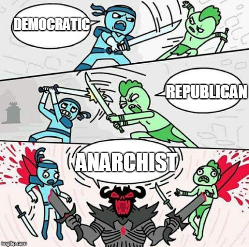 Sword fight | DEMOCRATIC; REPUBLICAN; ANARCHIST | image tagged in sword fight,democrat,republican,democratic party,republican party,anarchist | made w/ Imgflip meme maker