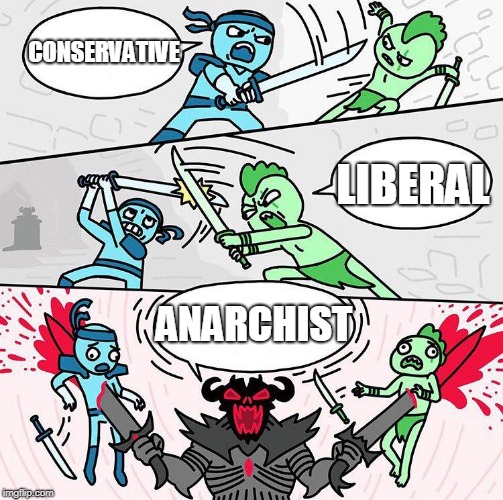 Sword fight argument | CONSERVATIVE; LIBERAL; ANARCHIST | image tagged in sword fight argument,conservative,liberal,conservatism,liberalism,anarchism | made w/ Imgflip meme maker