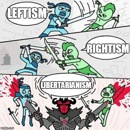 Sword fight | LEFTISM; RIGHTISM; LIBERTARIANISM | image tagged in sword fight,leftist,rightist,leftism,rightism,libertarian | made w/ Imgflip meme maker