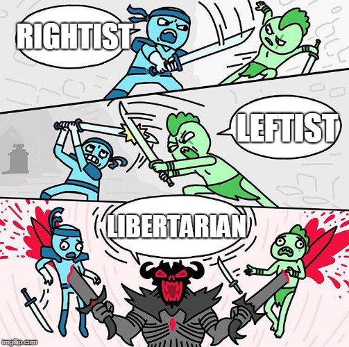 Sword fight argument | RIGHTIST; LEFTIST; LIBERTARIAN | image tagged in sword fight argument,rightist,leftist,rightism,leftism,libertarianism | made w/ Imgflip meme maker