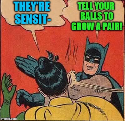 Batman Slapping Robin Meme | THEY'RE SENSIT- TELL YOUR BALLS TO GROW A PAIR! | image tagged in memes,batman slapping robin | made w/ Imgflip meme maker