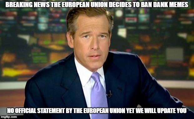 Article 13 meme | BREAKING NEWS THE EUROPEAN UNION DECIDES TO BAN DANK MEMES; NO OFFICIAL STATEMENT BY THE EUROPEAN UNION YET WE WILL UPDATE YOU | image tagged in memes,brian williams was there | made w/ Imgflip meme maker
