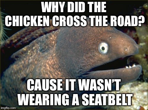 Bad Joke Eel | WHY DID THE CHICKEN CROSS THE ROAD? CAUSE IT WASN’T WEARING A SEATBELT | image tagged in memes,bad joke eel | made w/ Imgflip meme maker