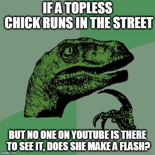 Philosoraptor Meme | IF A TOPLESS CHICK RUNS IN THE STREET BUT NO ONE ON YOUTUBE IS THERE TO SEE IT, DOES SHE MAKE A FLASH? | image tagged in memes,philosoraptor | made w/ Imgflip meme maker