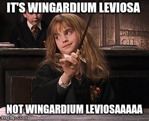 Scumbag Hermoine | IT'S WINGARDIUM LEVIOSA; NOT WINGARDIUM LEVIOSAAAAA | image tagged in scumbag hermoine | made w/ Imgflip meme maker