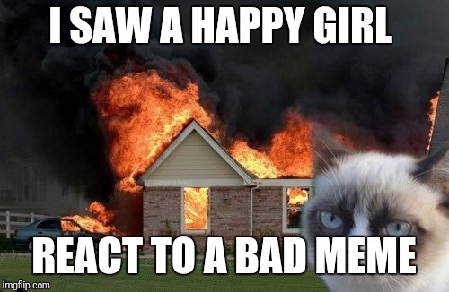 Burn Kitty | I SAW A HAPPY GIRL; REACT TO A BAD MEME | image tagged in memes,burn kitty,grumpy cat | made w/ Imgflip meme maker