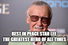 Rest In Peace the Hero of Our Times | REST IN PEACE STAN LEE THE GREATEST HERO OF ALL TIMES | image tagged in stan lee,hero,rip,rest in peace | made w/ Imgflip meme maker