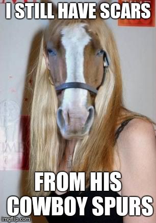Horseface Stormy Daniels | I STILL HAVE SCARS FROM HIS COWBOY SPURS | image tagged in horseface stormy daniels | made w/ Imgflip meme maker