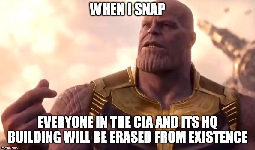 thanos snap | WHEN I SNAP; EVERYONE IN THE CIA AND ITS HQ BUILDING WILL BE ERASED FROM EXISTENCE | image tagged in thanos snap,memes,cia | made w/ Imgflip meme maker