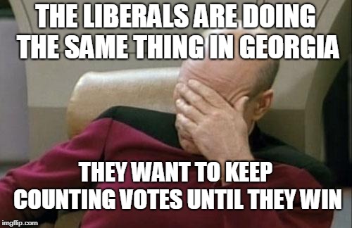 Captain Picard Facepalm Meme | THE LIBERALS ARE DOING THE SAME THING IN GEORGIA THEY WANT TO KEEP COUNTING VOTES UNTIL THEY WIN | image tagged in memes,captain picard facepalm | made w/ Imgflip meme maker