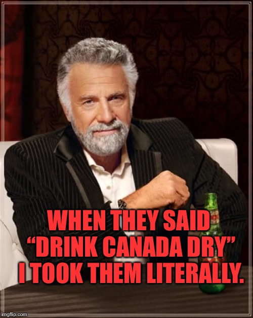 The Most Interesting Man In The World Meme | WHEN THEY SAID “DRINK CANADA DRY” I TOOK THEM LITERALLY. | image tagged in memes,the most interesting man in the world | made w/ Imgflip meme maker