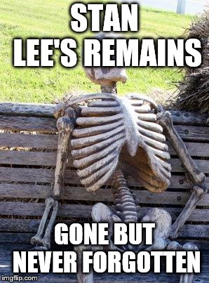 Waiting Skeleton | STAN LEE'S REMAINS; GONE BUT NEVER FORGOTTEN | image tagged in memes,waiting skeleton | made w/ Imgflip meme maker