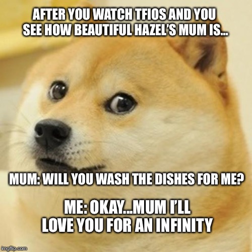 Doge Meme | AFTER YOU WATCH TFIOS AND YOU SEE HOW BEAUTIFUL HAZEL’S MUM IS... MUM: WILL YOU WASH THE DISHES FOR ME? ME: OKAY...MUM I’LL LOVE YOU FOR AN INFINITY | image tagged in memes,doge | made w/ Imgflip meme maker