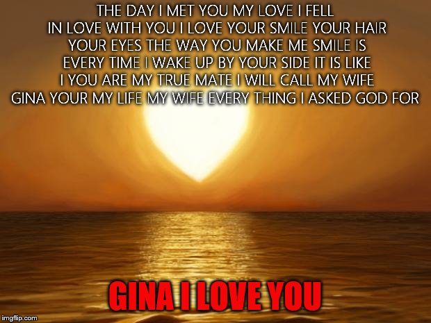 Love | THE DAY I MET YOU MY LOVE I FELL IN LOVE WITH YOU I LOVE YOUR SMILE YOUR HAIR YOUR EYES THE WAY YOU MAKE ME SMILE IS EVERY TIME I WAKE UP BY YOUR SIDE IT IS LIKE I YOU ARE MY TRUE MATE I WILL CALL MY WIFE GINA YOUR MY LIFE MY WIFE EVERY THING I ASKED GOD FOR; GINA I LOVE YOU | image tagged in love | made w/ Imgflip meme maker