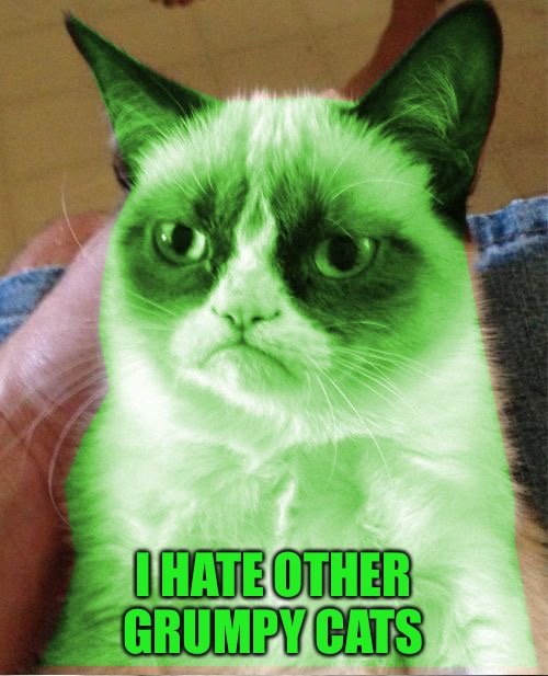 Radioactive Grumpy | I HATE OTHER GRUMPY CATS | image tagged in radioactive grumpy | made w/ Imgflip meme maker