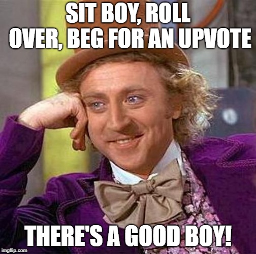 Creepy Condescending Wonka Meme | SIT BOY, ROLL OVER, BEG FOR AN UPVOTE THERE'S A GOOD BOY! | image tagged in memes,creepy condescending wonka | made w/ Imgflip meme maker