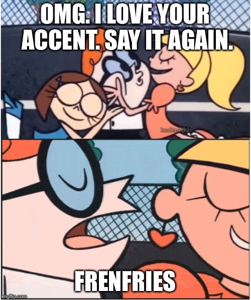 Dexters Lab | OMG. I LOVE YOUR ACCENT. SAY IT AGAIN. FRENFRIES | image tagged in dexters lab | made w/ Imgflip meme maker