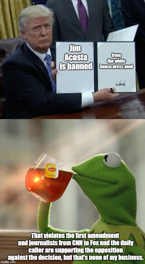 It's unconstitutional, but all of this controversy has desensitized us to Watergate level scandals. | Jim Acosta is banned; from the white house press pool; That violates the first amendment and journalists from CNN to Fox and the daily caller are supporting the opposition against the decision, but that's none of my business. | image tagged in memes,but thats none of my business,trump bill signing,cnn,1st amendment,jim acosta | made w/ Imgflip meme maker