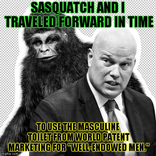 Travel Forward In My Hot Tub Slime Machine! | SASQUATCH AND I TRAVELED FORWARD IN TIME; TO USE THE MASCULINE TOILET FROM WORLD PATENT MARKETING FOR "WELL-ENDOWED MEN." | image tagged in matt whitaker,sasquatch | made w/ Imgflip meme maker