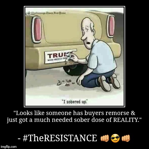 "Looks like someone has buyers remorse & just got a much needed sober dose of REALITY." | - #TheRESISTANCE  | image tagged in funny,demotivationals | made w/ Imgflip demotivational maker