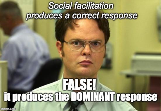 Dwight Schrute Meme | Social facilitation produces a correct response; FALSE! it produces the DOMINANT response | image tagged in memes,dwight schrute | made w/ Imgflip meme maker