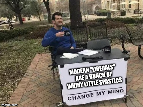 Change My Mind | MODERN "LIBERALS" ARE A BUNCH OF WHINY LITTLE SPASTICS | image tagged in change my mind | made w/ Imgflip meme maker