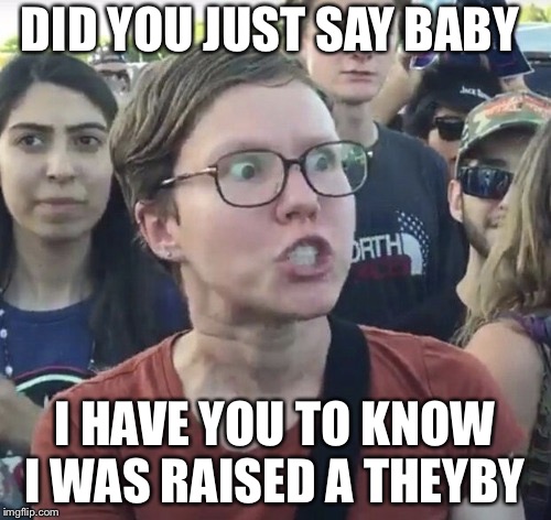 Triggered feminist | DID YOU JUST SAY BABY; I HAVE YOU TO KNOW I WAS RAISED A THEYBY | image tagged in triggered feminist | made w/ Imgflip meme maker
