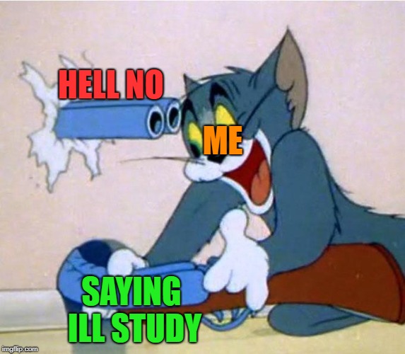 Tom and Jerry gun | HELL NO; ME; SAYING ILL STUDY | image tagged in tom and jerry gun | made w/ Imgflip meme maker