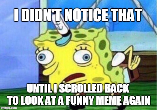 Mocking Spongebob Meme | I DIDN'T NOTICE THAT UNTIL I SCROLLED BACK TO LOOK AT A FUNNY MEME AGAIN | image tagged in memes,mocking spongebob | made w/ Imgflip meme maker