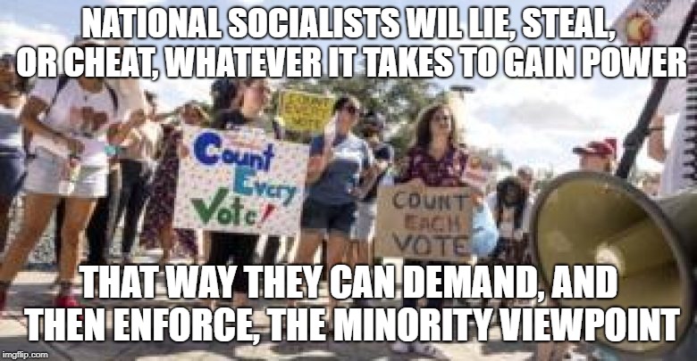 The real national socialists | NATIONAL SOCIALISTS WIL LIE, STEAL, OR CHEAT, WHATEVER IT TAKES TO GAIN POWER; THAT WAY THEY CAN DEMAND, AND THEN ENFORCE, THE MINORITY VIEWPOINT | image tagged in democrats,fascists,nazis | made w/ Imgflip meme maker
