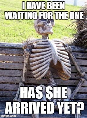 Waiting Skeleton Meme | I HAVE BEEN WAITING FOR THE ONE; HAS SHE ARRIVED YET? | image tagged in memes,waiting skeleton | made w/ Imgflip meme maker